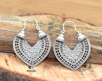 Vintage Style Boho Silver Dangle Earrings, Filigree Tribal Ethnic Drop ...