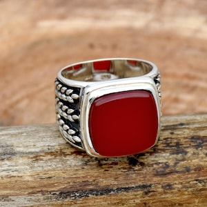 Natural Carnelian Ring, Men&#39;s Ring, 925 Sterling Silver Ring, Handmade Ring, Cushion Stone Ring, Textured Ring, Wide Band Ring, Gift For Him