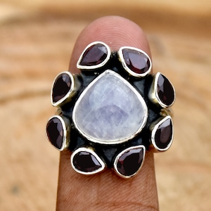 Handmade Rainbow Moonstone & Garnet Ring: 925 Sterling Silver