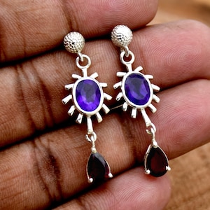 Amethyst Garnet Sterling Silver Earrings: Handmade Two Stone Studs