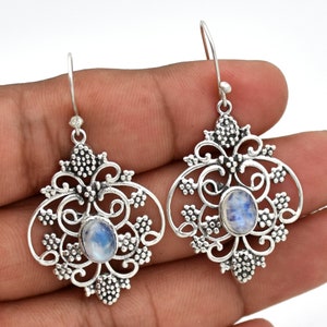 Moonstone Flower Earrings: Sterling Silver Filigree Boho Jewelry