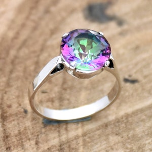 Mystic Topaz Ring, 925 Sterling Silver Ring, Round Mystic Topaz Ring, Anniversary Ring, Gift for her, Handmade Prong Ring, Ready to Ship