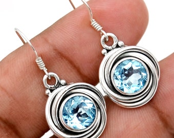 Blue Topaz Sterling Silver Earrings: Wire Wrapped Dangle Jewelry