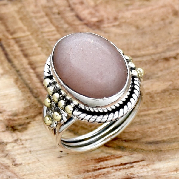 Moonstone Ring, 925 Sterling Silver Ring, Two Tone Ring, Peach Moonstone Ring, Three Band Ring, Dainty Ring, Designer Ring, Gift For Her.
