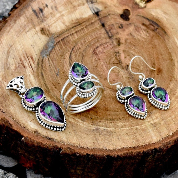 Mystic Topaz Jewelry Set, 925 Sterling Silver, Wedding Jewelry Set, Handmade Mystic Topaz Ring, Mystic Pendant, Mystic Earrings, Gift Women Mystic Topaz Jewelry Set, 925 Sterling Silver, Wedding Jewelry Set, Handmade Mystic Topaz Ring, Mystic Pendant, Mystic Earrings, Gift Women