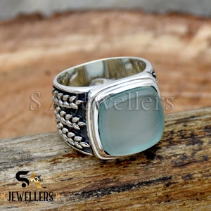 Handmade Aqua Chalcedony Ring: 925 Sterling Silver Men&#39;s Statement Ring