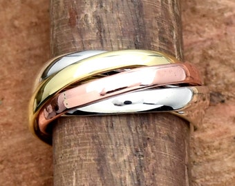 Handmade 925 Sterling Silver 5 Rolling Ring Multi Band Rings Brass Copper Ring Two Tone Ring Interlocked Ring, Statement Ring, Ready To Ship