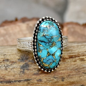 Blue Copper Turquoise Ring, 925 Sterling Silver Ring, Handmade Ring, Designer Band, Wedding Ring, Oval Gemstone Ring, Statement Ring For Her
