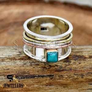 Turquoise Spinner Ring: Sterling Silver, Brass & Copper Meditation Ring