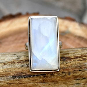 Handmade Rainbow Moonstone Ring: 925 Sterling Silver Baguette Gemstone