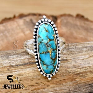 Handmade Oval Blue Copper Turquoise Ring, 925 Sterling Silver