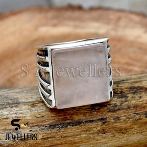 Rose Quartz Ring, 925 Sterling Silver Ring, Designer Men&#39;s Ring, Cushion Shape Rose Quartz Ring, Handmade Jewelry, Huge Ring, Gift For Him