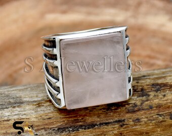 Rose Quartz Ring, 925 Sterling Silver Ring, Designer Men's Ring, Cushion Shape Rose Quartz Ring, Handmade Jewelry, Huge Ring, Gift For Him