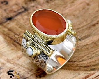 Bague cornaline, bague en argent sterling 925, bague cornaline naturelle et perle, bague bicolore, bague large, bague texturée fleur, bijoux faits main