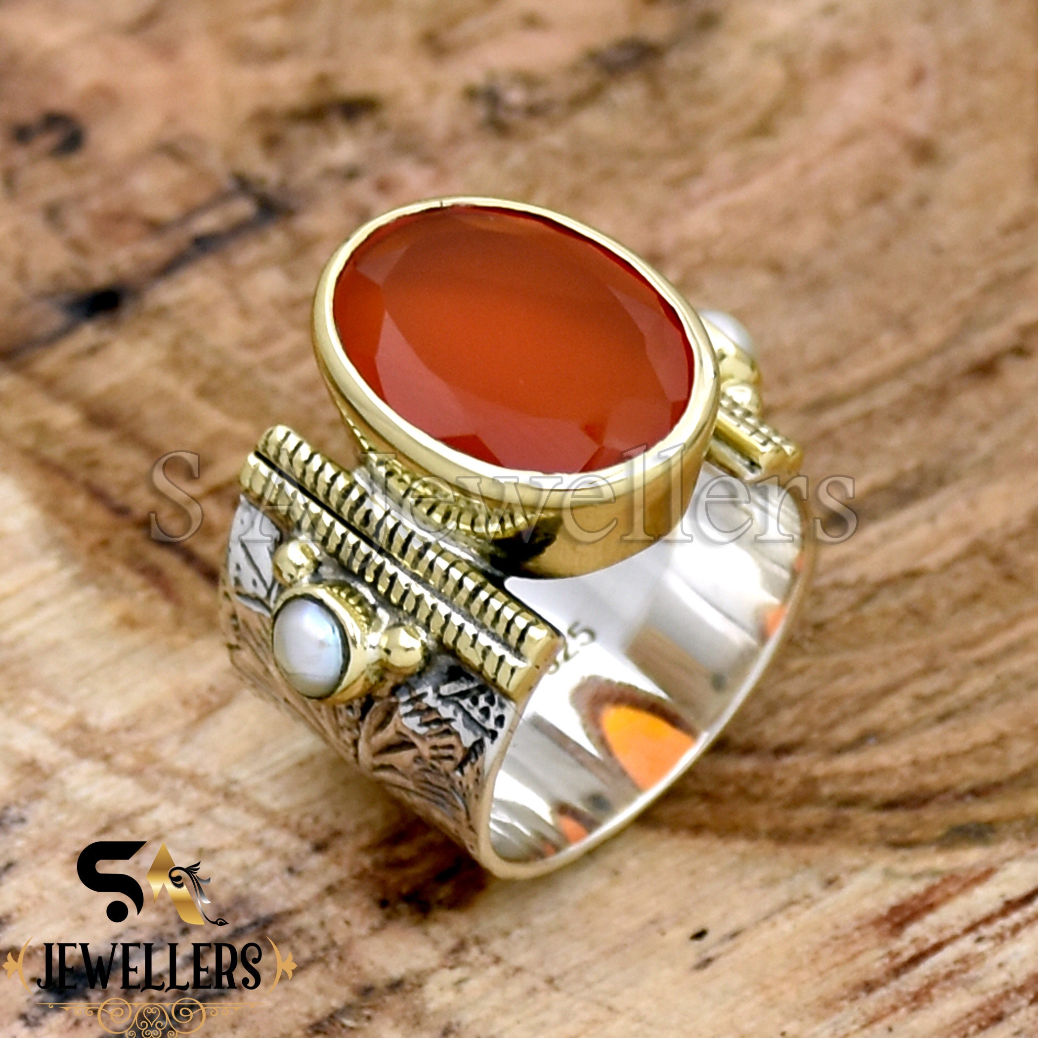 Carnelian Ring, 925 Sterling Silver Ring, Natural Carnelian and Pearl Ring,  Two Tone Ring, Wide Ring, Flower Textured Ring Handmade Jewelry - Etsy  Israel