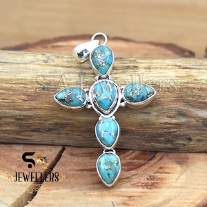 Blauw koperen turkoois kruishanger: 925 sterlingzilveren katholieke ketting