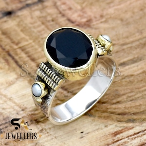 Handmade Sterling Silver Black Onyx Ring: Two-Tone Pearl Accent