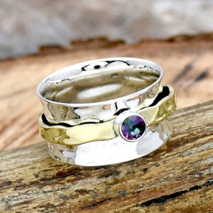 Mystic Topaz Ring, 925 Sterling Silver Ring, Hammered Ring, Two Tone Ring, Wide Band Ring, Statement Ring Silver Brass Ring Handmade Jewelry