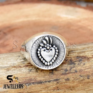 Holy Heart Ring, 925 Sterling Silver Ring, Silver Sacred Heart Ring, Roman Catholics Ring, Signet Ring, Oxidized Ring, Gift For Him/Her
