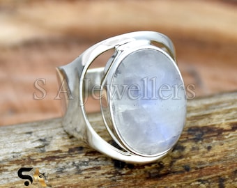 Natural Moonstone Ring, 925 Sterling Silver Ring, Handmade Ring, Oval Gemstone Ring, Boho Statement Ring, Wide Band Ring, Anniversary Ring