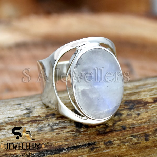 Natural Moonstone Ring, 925 Sterling Silver Ring, Handmade Ring, Oval Gemstone Ring, Boho Statement Ring, Wide Band Ring, Anniversary Ring