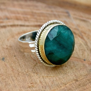 Handmade Sterling Silver Emerald Ring: Two-Tone Bohemian Jewelry