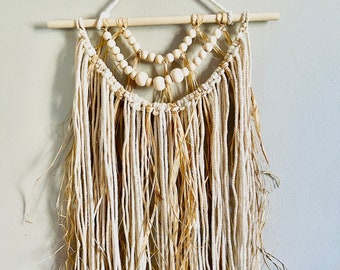 Handmade Macrame Tapestry with Raffia & Wooden Beads // Boho Decor // Coastal Decor // Wall Decor // Wall Hanging