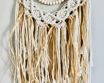Handmade Macrame Tapestry with Raffia & Wooden Beads // Boho Decor // Coastal Decor // Wall Decor // Wall Hanging