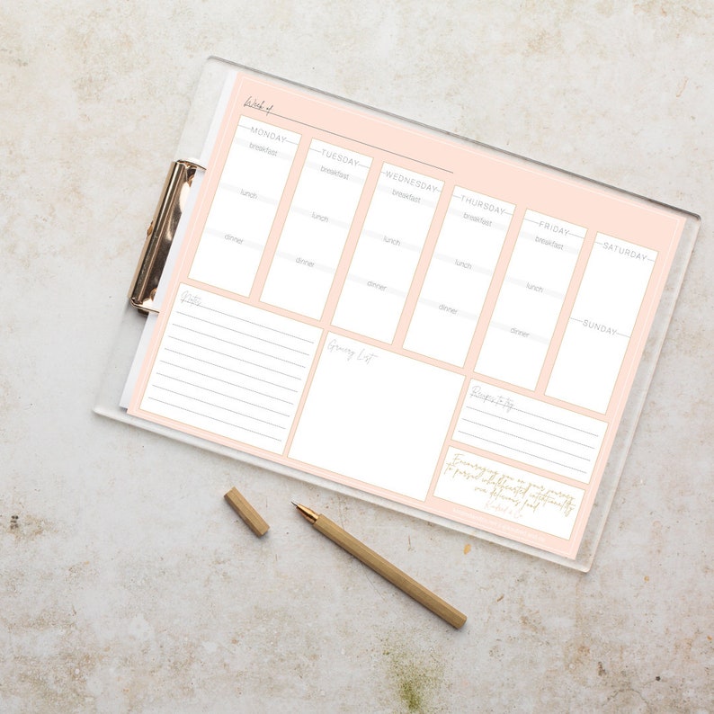 Blank Meal Planner Notepad with Tear off pages Pink