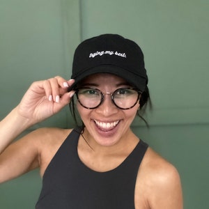 100% Organic Cotton, black baseball cap, embroidered "trying my best" women's cap