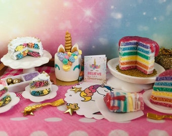 1:12 Scale Dollhouse Miniature Cake Dolls House Kitchen Food Accessory Layered Cake Dessert Unicorn Rainbow Colourful Magic Birthday Glitter