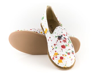 Turkish Genuine Leather Handmade Splatter Paint White Classic Women Yemeni Shoes, Natural, Colorful, Slip-On