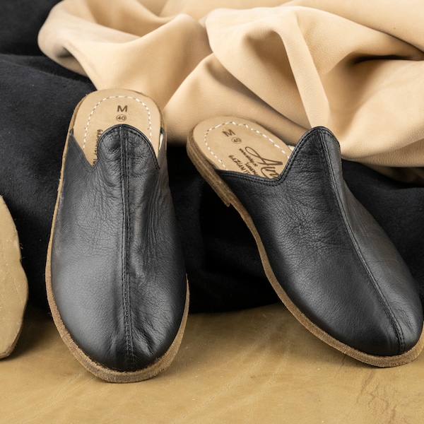 Turkish Genuine Black Leather Handmade Men Yemeni Sandals Natural, Colorful, Slip-On
