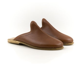 Turkish Genuine Brown Leather Handmade Men Yemeni Sandals Natural, Colorful, Slip-On