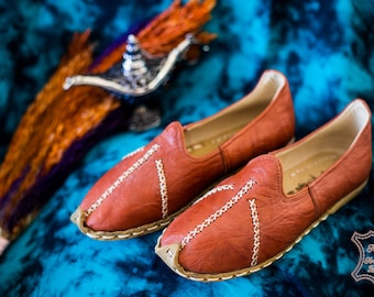 Turkish Genuine Leather Handmade Women Aladdin Yemeni Shoes, Natural, Colorful, Slip-On