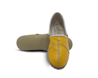 Turkish Genuine Leather Handmade Women Yemeni Flat Shoes, Natural, Colorful, Slip-On Mustard