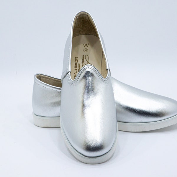 Ultra lightweight %100 Silver Bright Leather & Handmade Eva Sole Turkish Women Shoes, Natural, Colorful, Slip-On