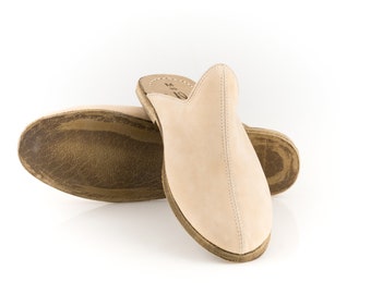 Turkish Genuine Beige Nubuck Leather Handmade Men Yemeni Sandals Natural, Colorful, Slip-On