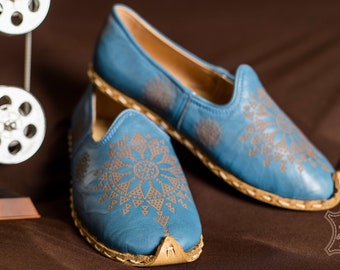 Turkish Genuine Leather Handmade Women Yemeni Shoes, Natural, Colorful, Slip-On