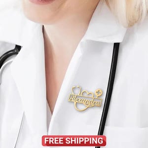 Custom Stethoscope Name Brooch – Personalized Doctor Nurse Pin, Heart Stainless Steel Badge for Medical Student, Gold Silver Jewelry