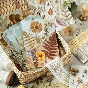 May include: A collection of botanical-themed cards and stationery, featuring pressed flowers and ferns. The cards are arranged in a woven basket with a lace ribbon. The text "Flower And Plant Love Letter Series" is visible on a card.