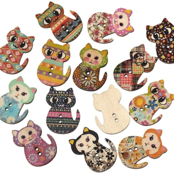 50 Multicolored Cat Shaped 2 Holes Wood Printing Sewing Buttons, Fresh Colourful Design, Great for DYI Crafting Sewing