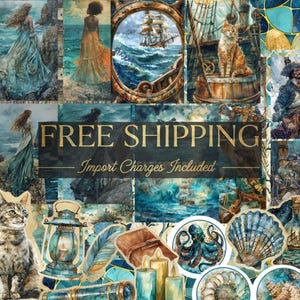 Retro Ocean Kit Junk Journal Creatures: set di scrapbooking con 92 adesivi e carta pirata