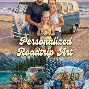 May include: A family poses in front of a blue and white vintage van on a beach, with the text "Personalized Roadtrip Art". The image is a painting with a warm colour palette. Additional scenes show a family camping and playing in the snow.