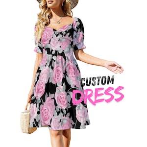 Vestido de verano estampado de poliéster con escote corazón y volantes, corte informal.