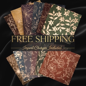 Könnte beinhalten: Eine Sammlung von Papieren mit verschiedenen Mustern in Farben wie Gold, Braun, Grün und Blau. Jedes Papier zeigt ein florales Design in Gold oder Weiß. Der Text "FREE SHIPPING" und "Import Charges Included" ist in Gold dargestellt.