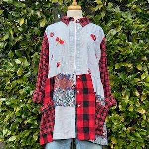 May include: A patchwork shirt with a mix of patterns and textures. The shirt features red and black plaid, blue and white striped fabric, and patches with geometric designs. Red ladybug embroidery accents the light blue striped sections.