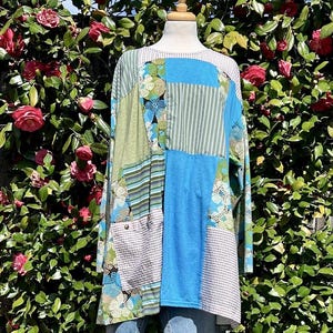 3X/4X Plus Size Patchwork Tunic, Upcycled, OOAK, Blues, Greens and Tan