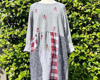 Reserved for Mary—XXL/1X Patchwork 'Woodland Animals' Tunic, Upcycled Boho Top, Grays, Reds and White