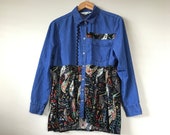 M-XL Repurposed Upcycled Button Front Shirt with Dropped Tail Hem